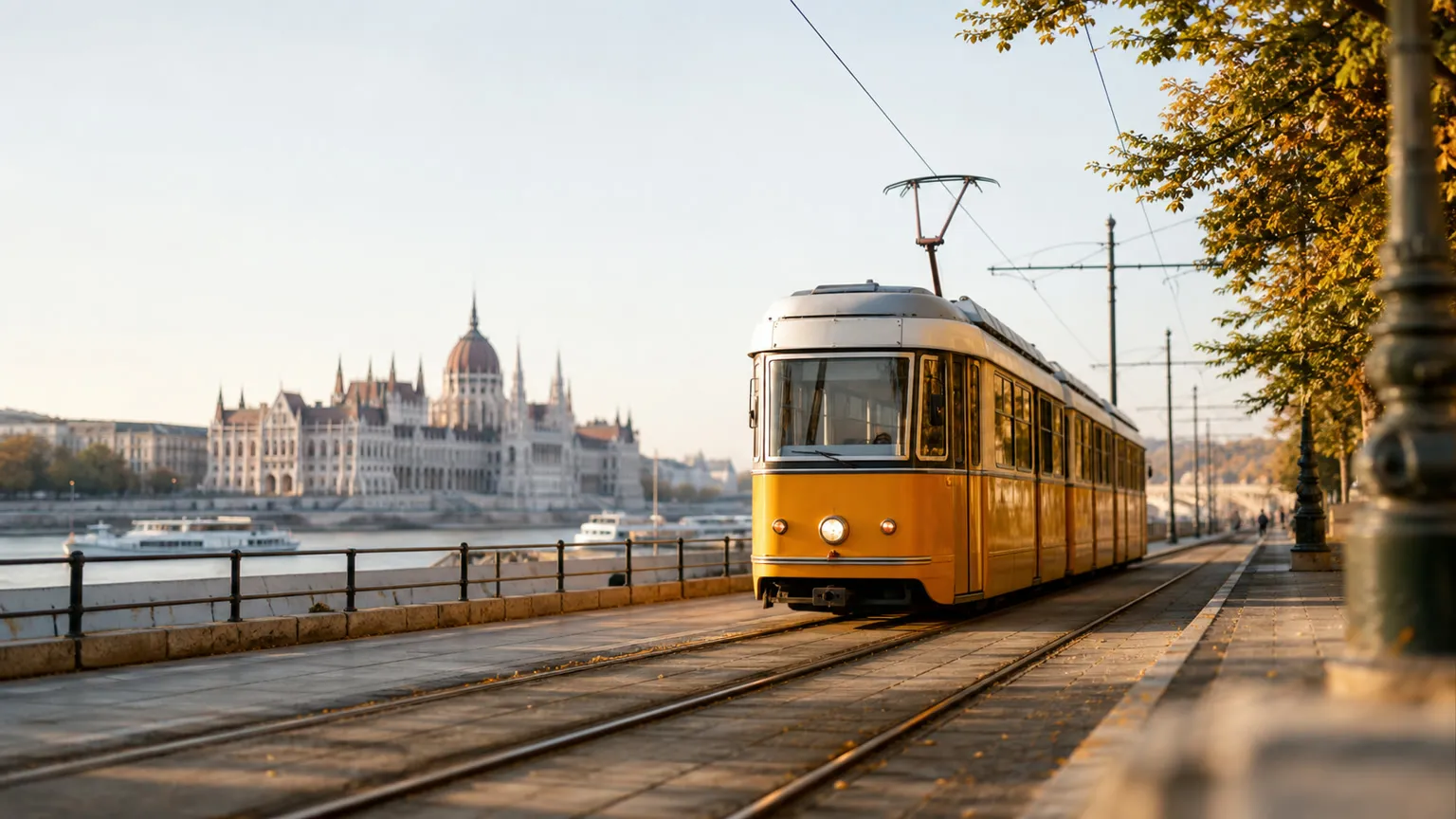 Gul sporvogn ved Donau-promenaden i Budapest med Parlamentet i blød morgensol