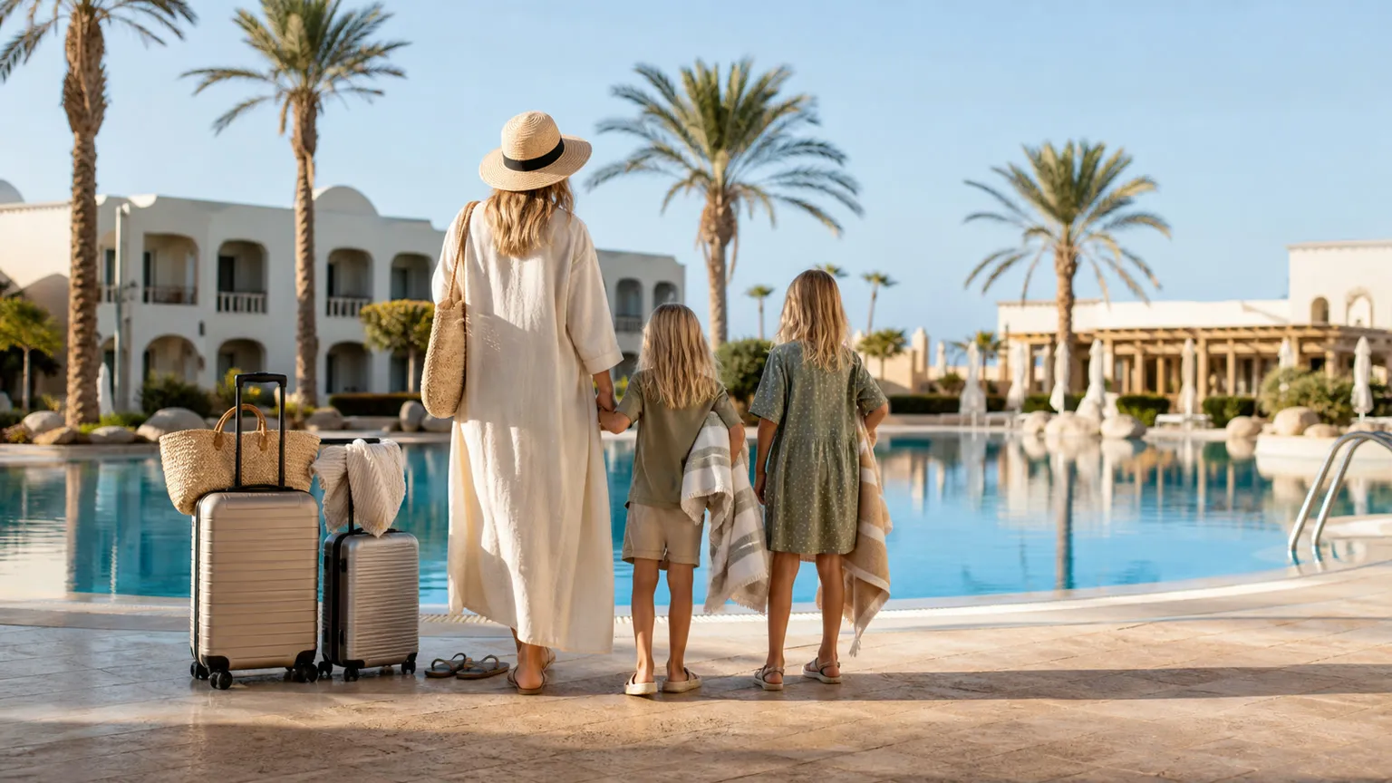 Familie set bagfra ved solrig resortpool med palmer og kufferter på charterferie i efterårsferien