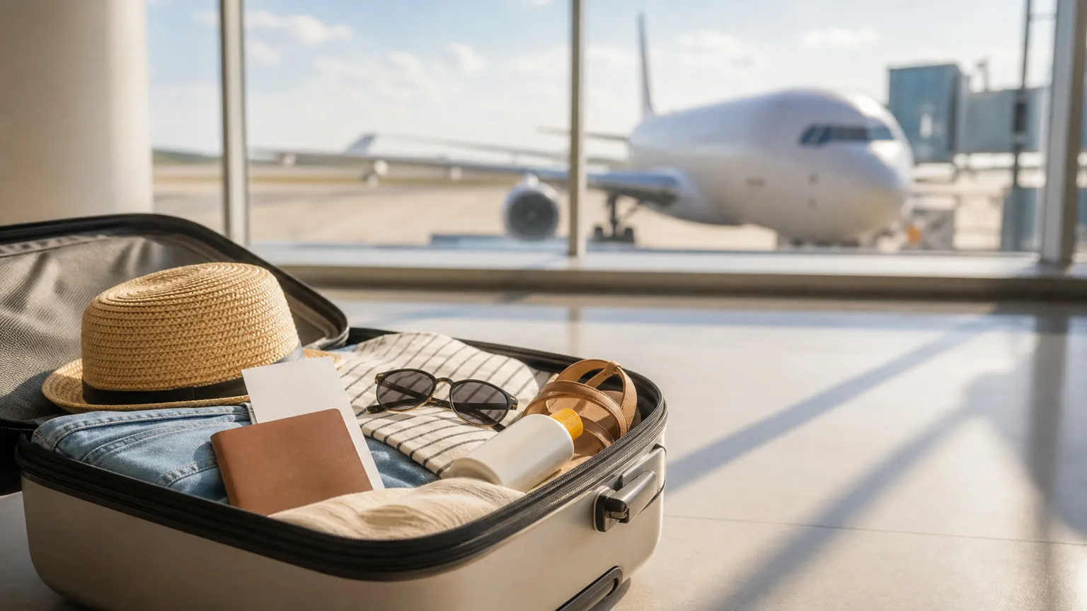 Åben håndbagage med solhat, pas og solbriller ved en lys lufthavnsgate med fly i baggrunden