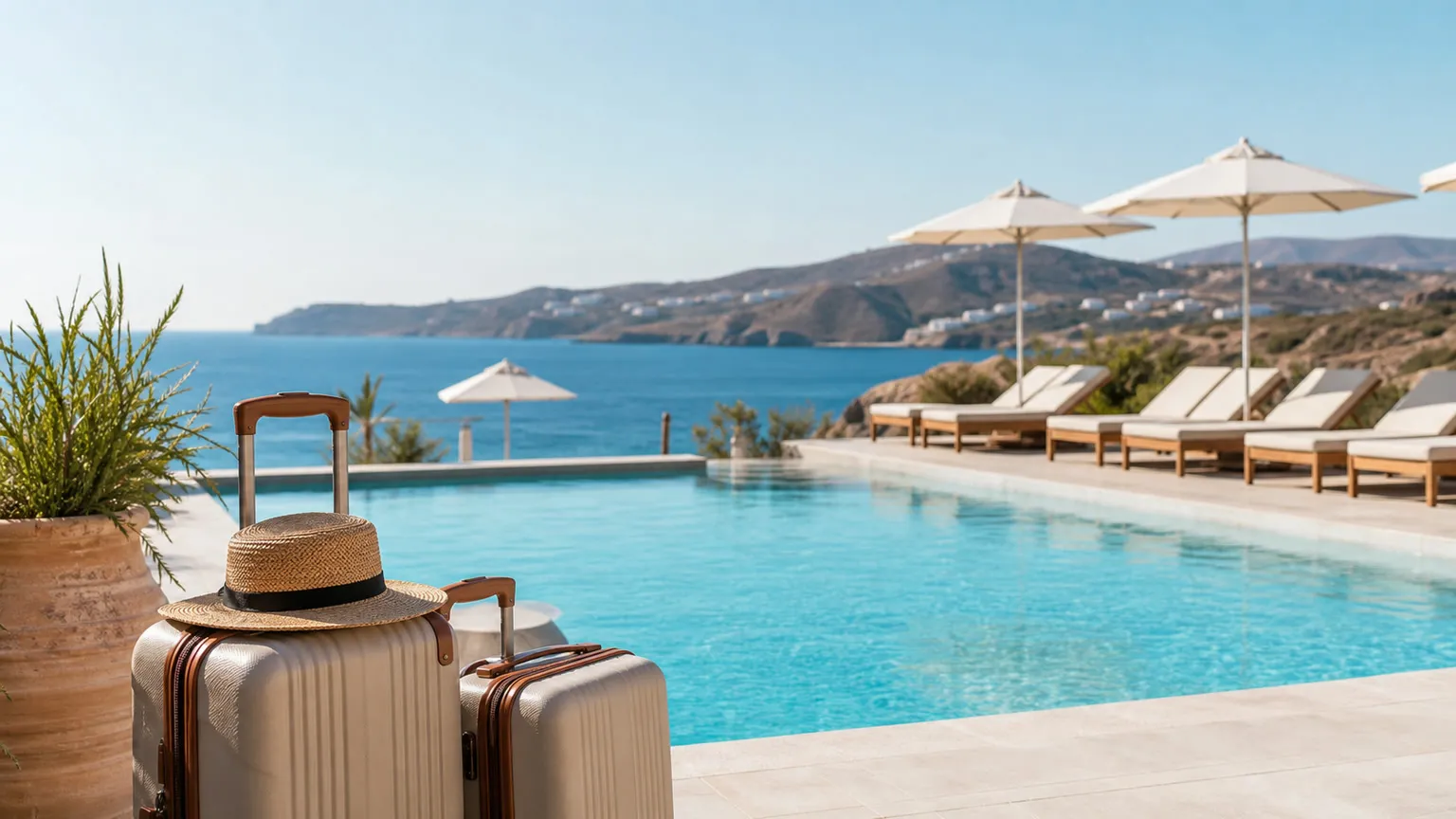 Poolterrasse på Kreta med kufferter, solhat, liggestole og udsigt over det blå Middelhav.