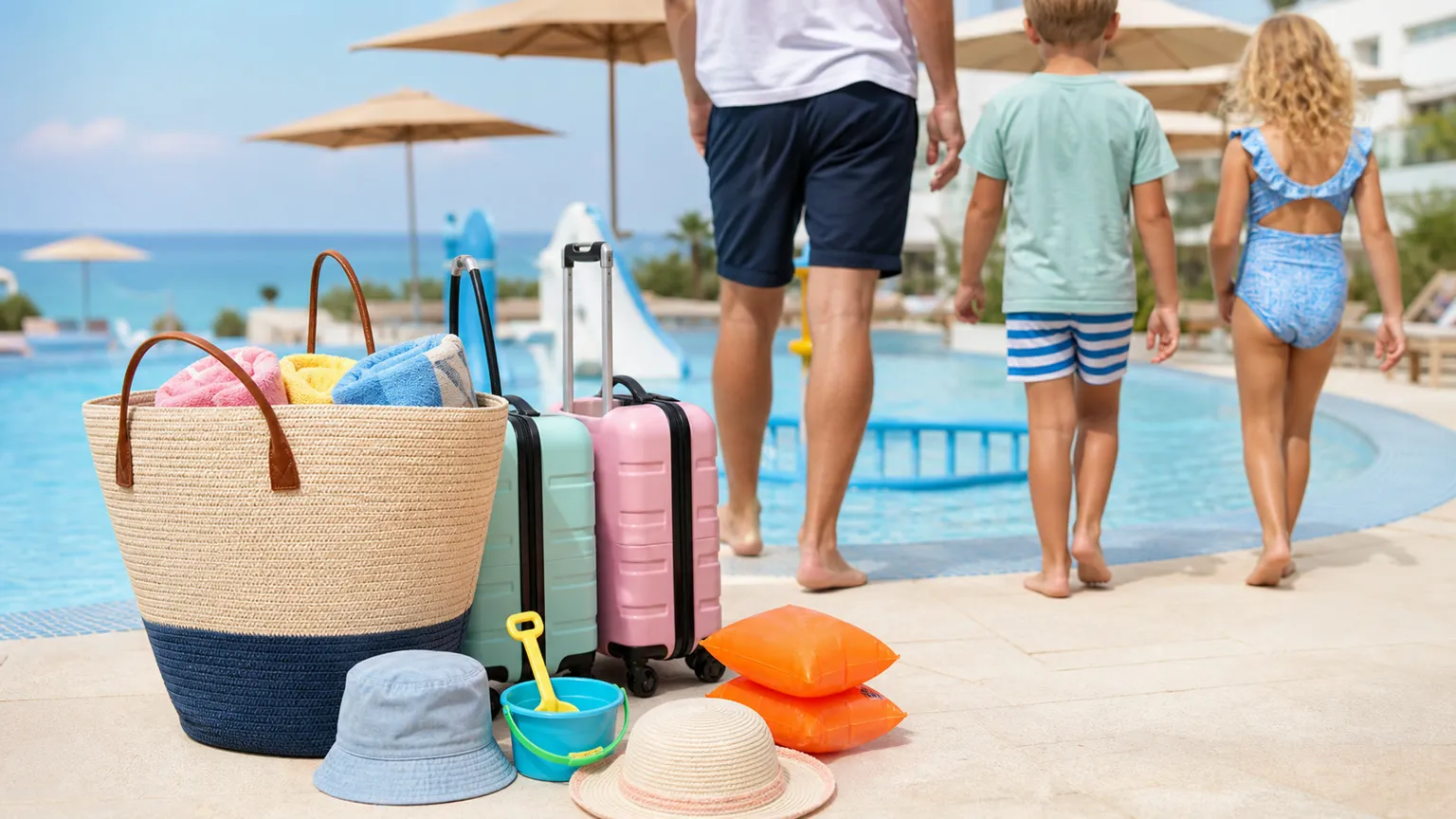 Familie ved børnepool på solrigt charterhotel med kufferter, strandtaske og badeudstyr i forgrunden