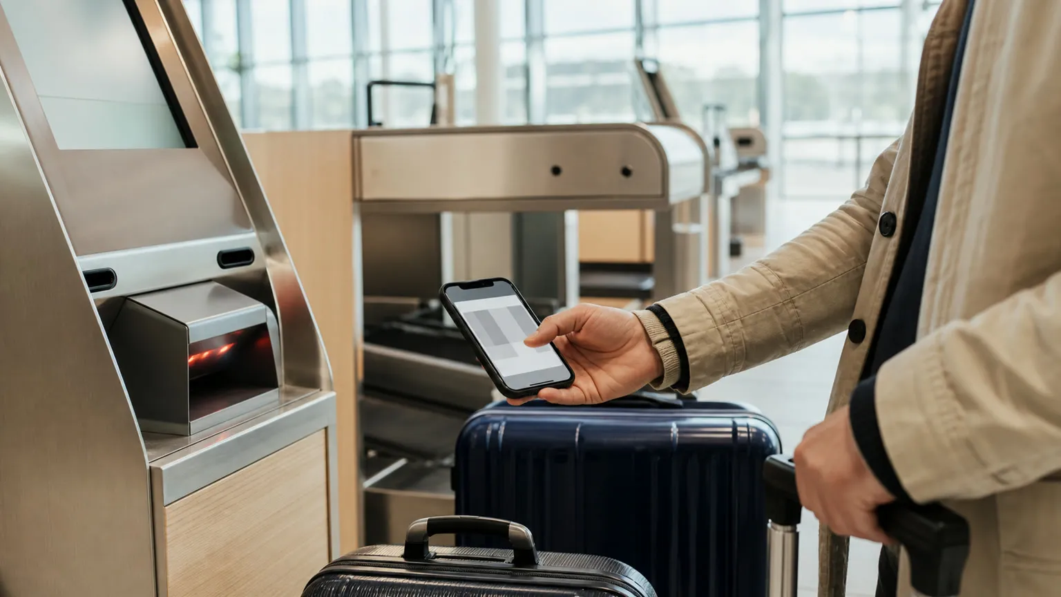 Hånd med digitalt boardingkort ved en selvbetjent bagageautomat i en lys lufthavn med kufferter
