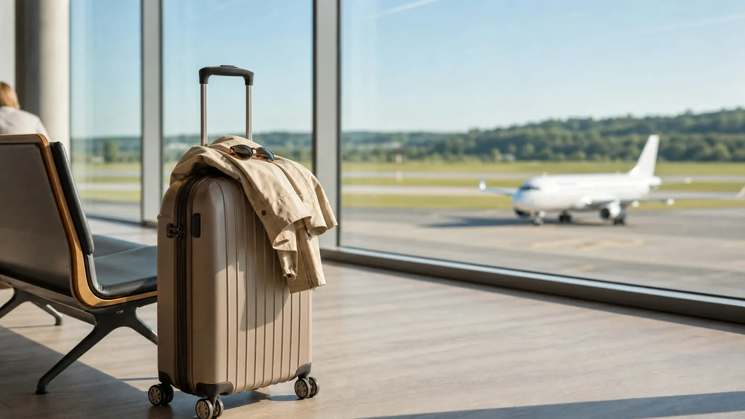 Kabinekuffert i lys lufthavnsterminal med et neutralt fly ved landingsbanen udenfor vinduet