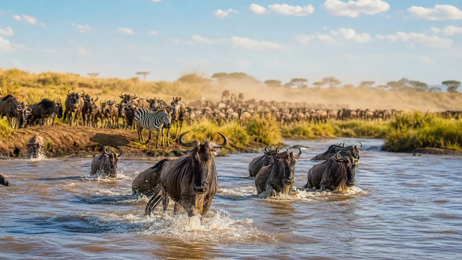 Gnuer krydser en lav flod i Serengeti, mens zebraer og støvede flokke samles på savannen