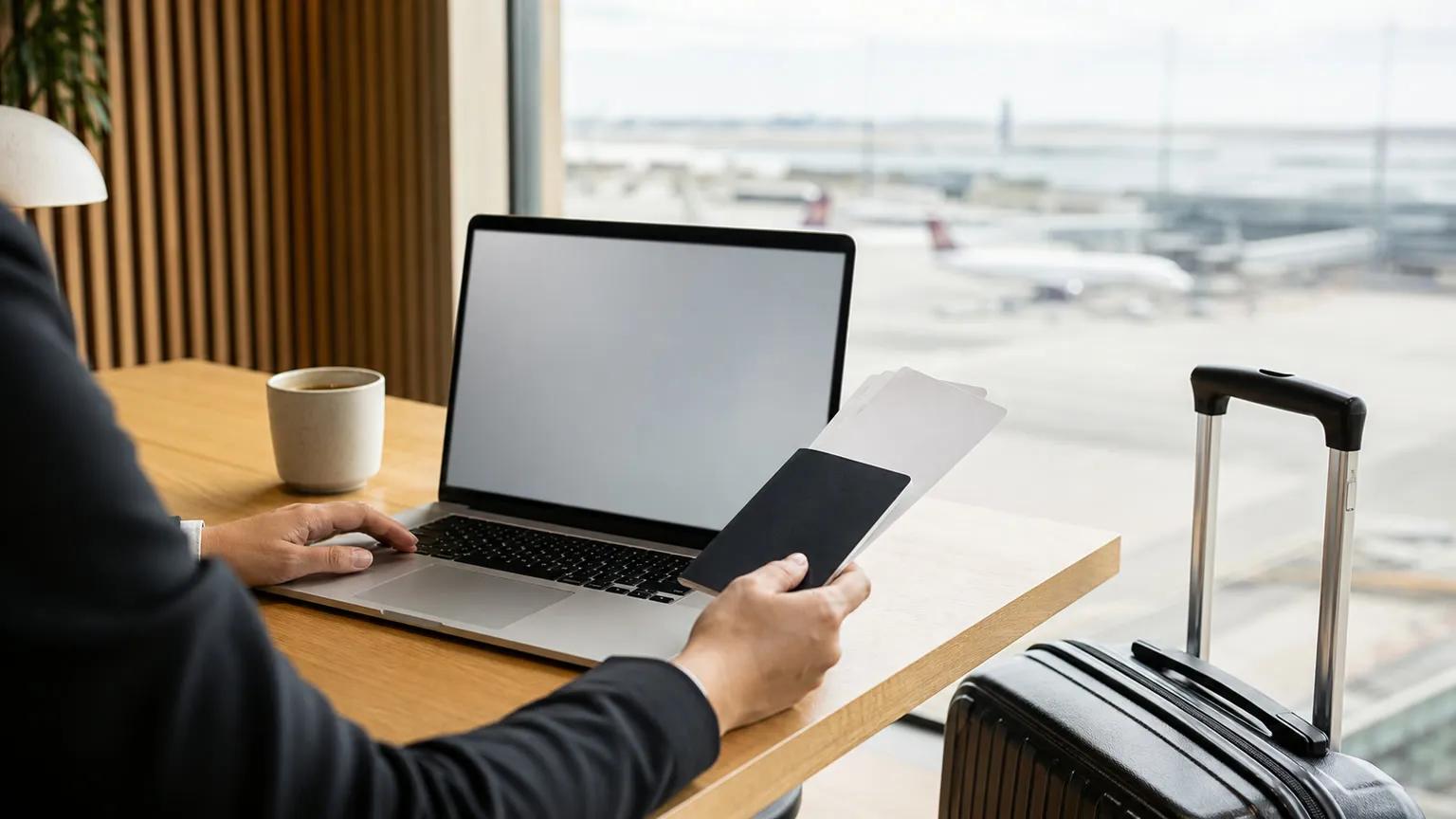 Forretningsrejsende planlægger rejse ved laptop med pas og kuffert i lys lufthavnslounge