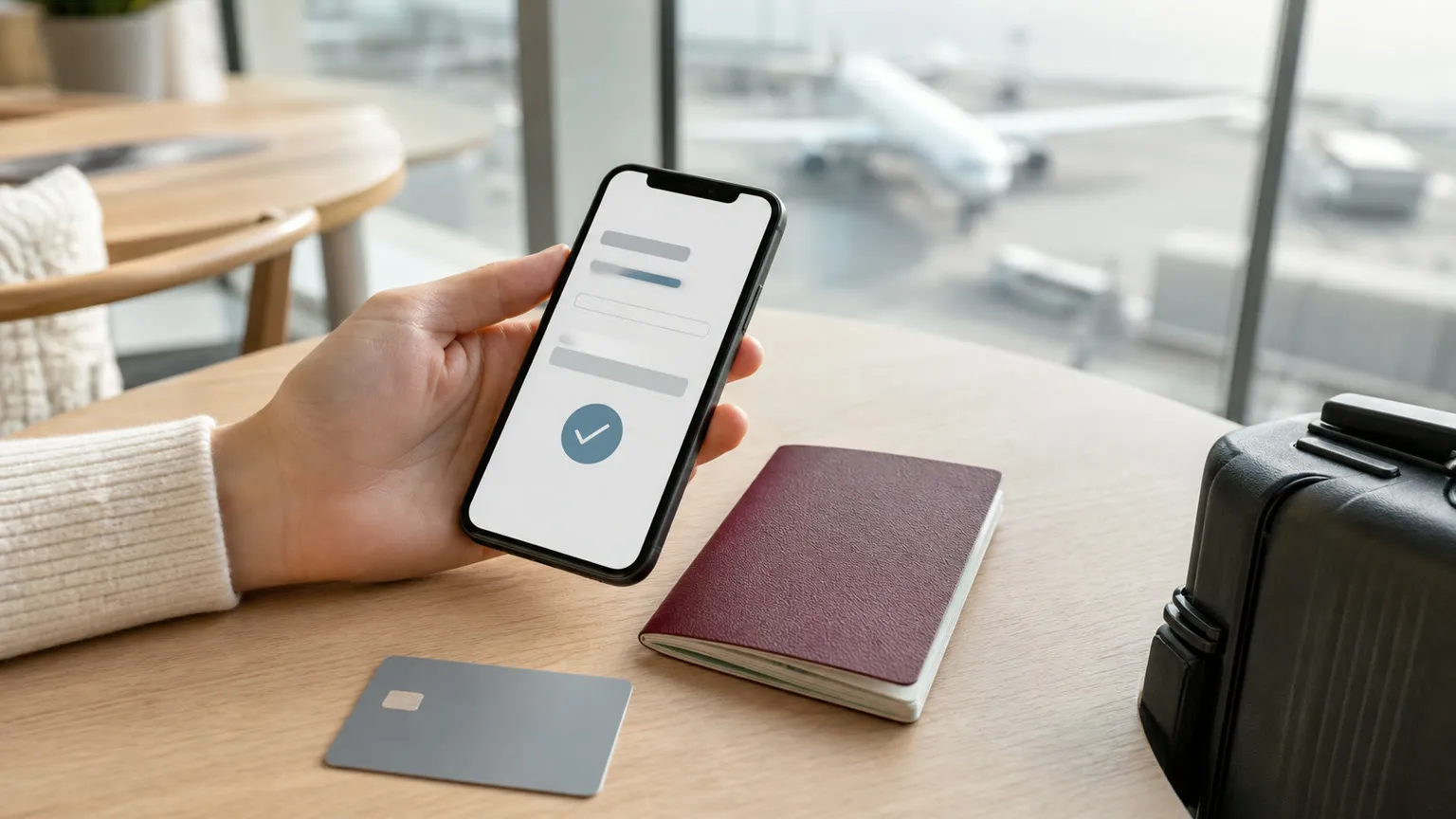 Smartphone med digital rejsegodkendelse, pas og betalingskort på lufthavnsbord foran sløret fly