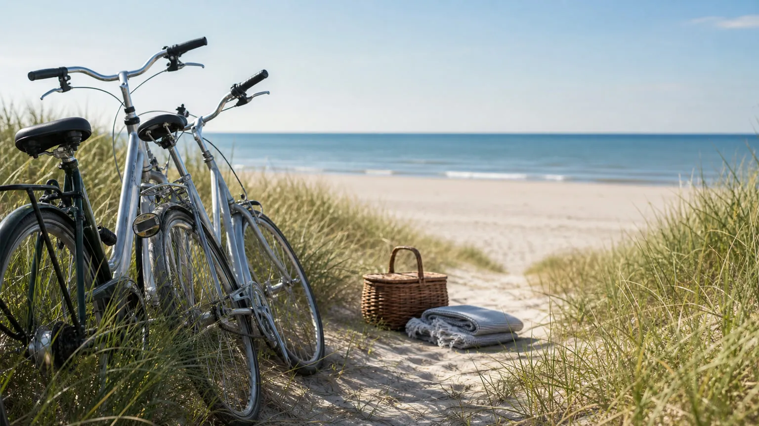 Cykler ved en klitsti med picnickurv, strand og blåt hav på en solrig dansk sommerdag