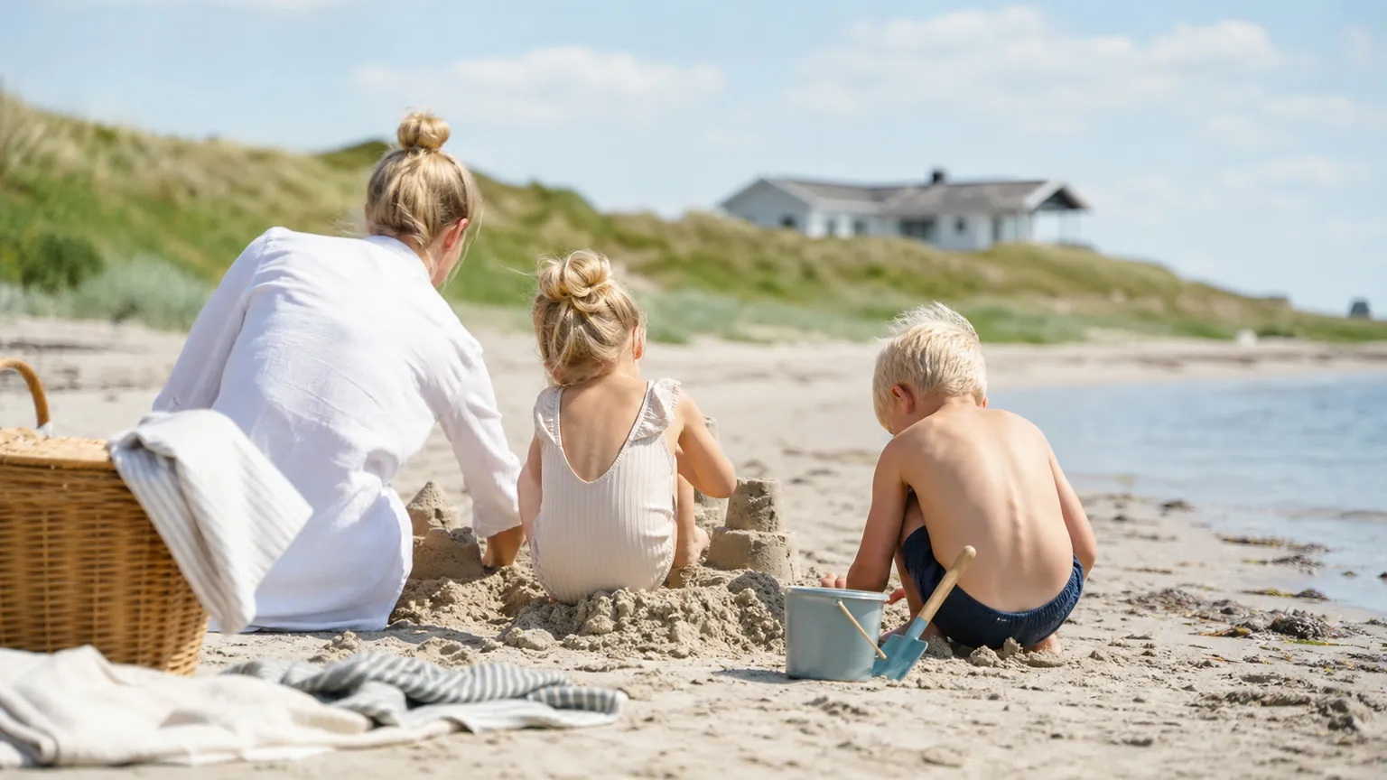 Børn og voksen bygger sandslot på en bred dansk strand med klitter og sommerhus i baggrunden
