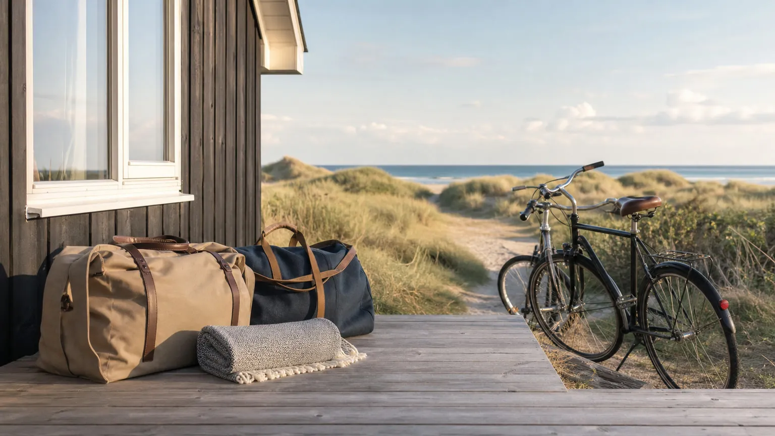 Tasker og cykel ved dansk sommerhus i klitterne med havet i baggrunden, klar til miniferie ved kysten