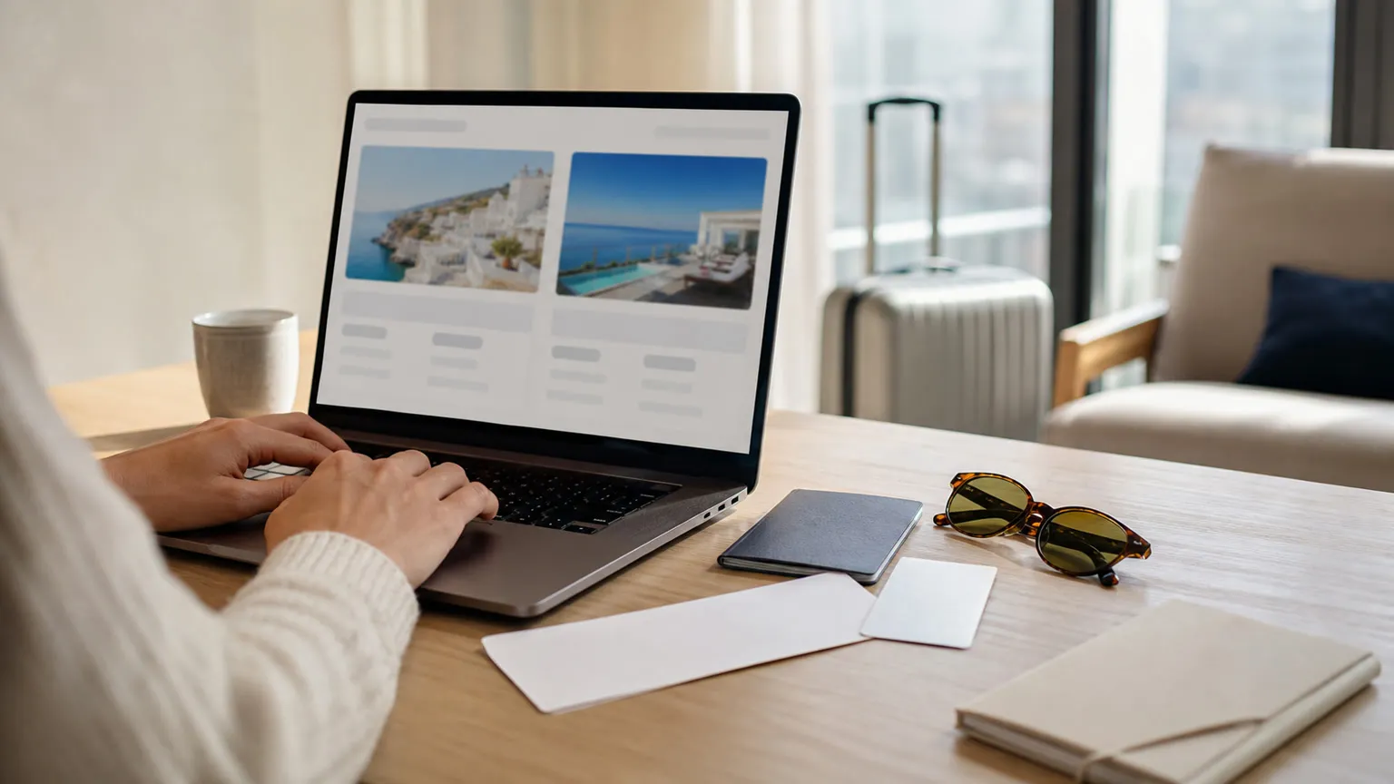 Rejsende sammenligner fly- og hotelpakker på laptop med kuffert, pas og solbriller i lyst nordisk interiør