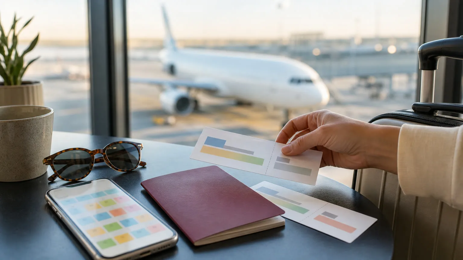 Rejseplanlægning i lufthavn med blanke billetter, telefon, pas, kuffert og fly i baggrunden