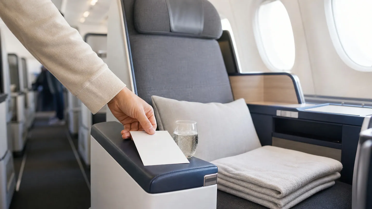 En hånd lægger et blankt boardingkort på et bredt business class-sæde i en lys flykabine.