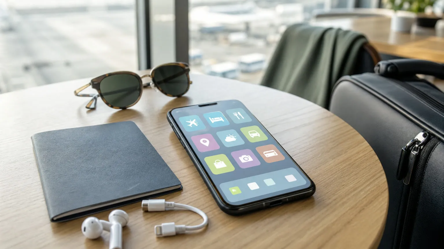Smartphone med rejseapps, pas og solbriller på et bord i lufthavnen