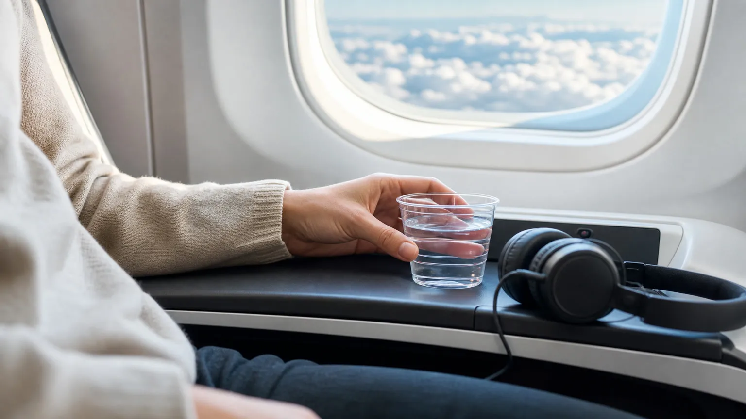 Nervøs passagers hænder med vand og høretelefoner ved flyvindue i lyst kabinelys