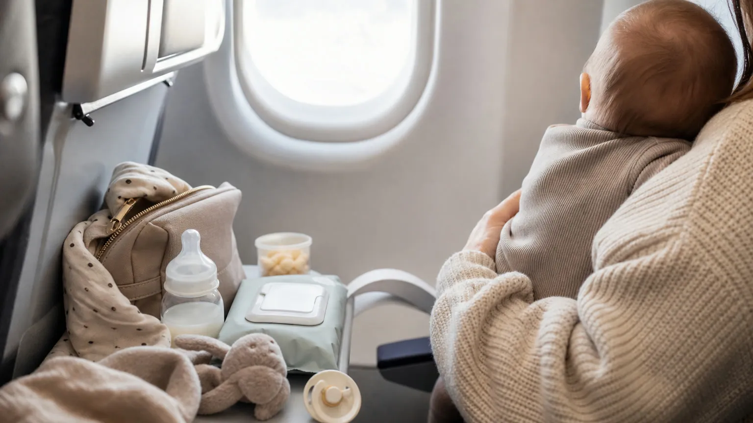 Baby set bagfra ved et flyvindue med flaske, sut, vådservietter og pusletaske klar til rejsen