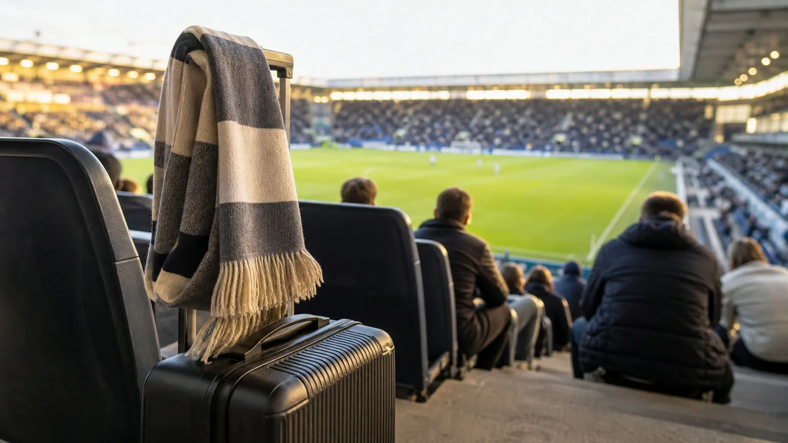 Kabinekuffert og halstørklæde på stadiontribune med fodboldbane og tilskuere i baggrunden