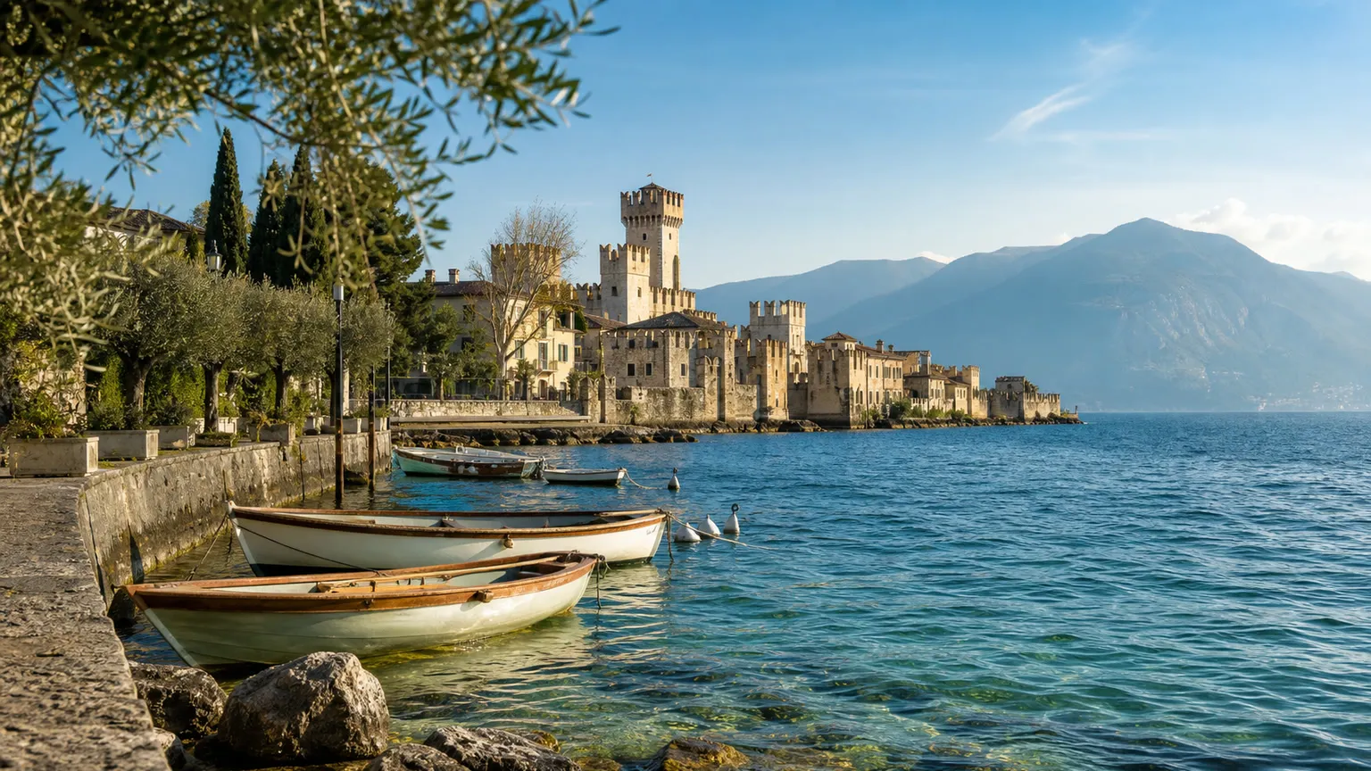 Gardasøen ved Sirmione med både, klart vand, Scaligero-slottet og bjerge i baggrunden