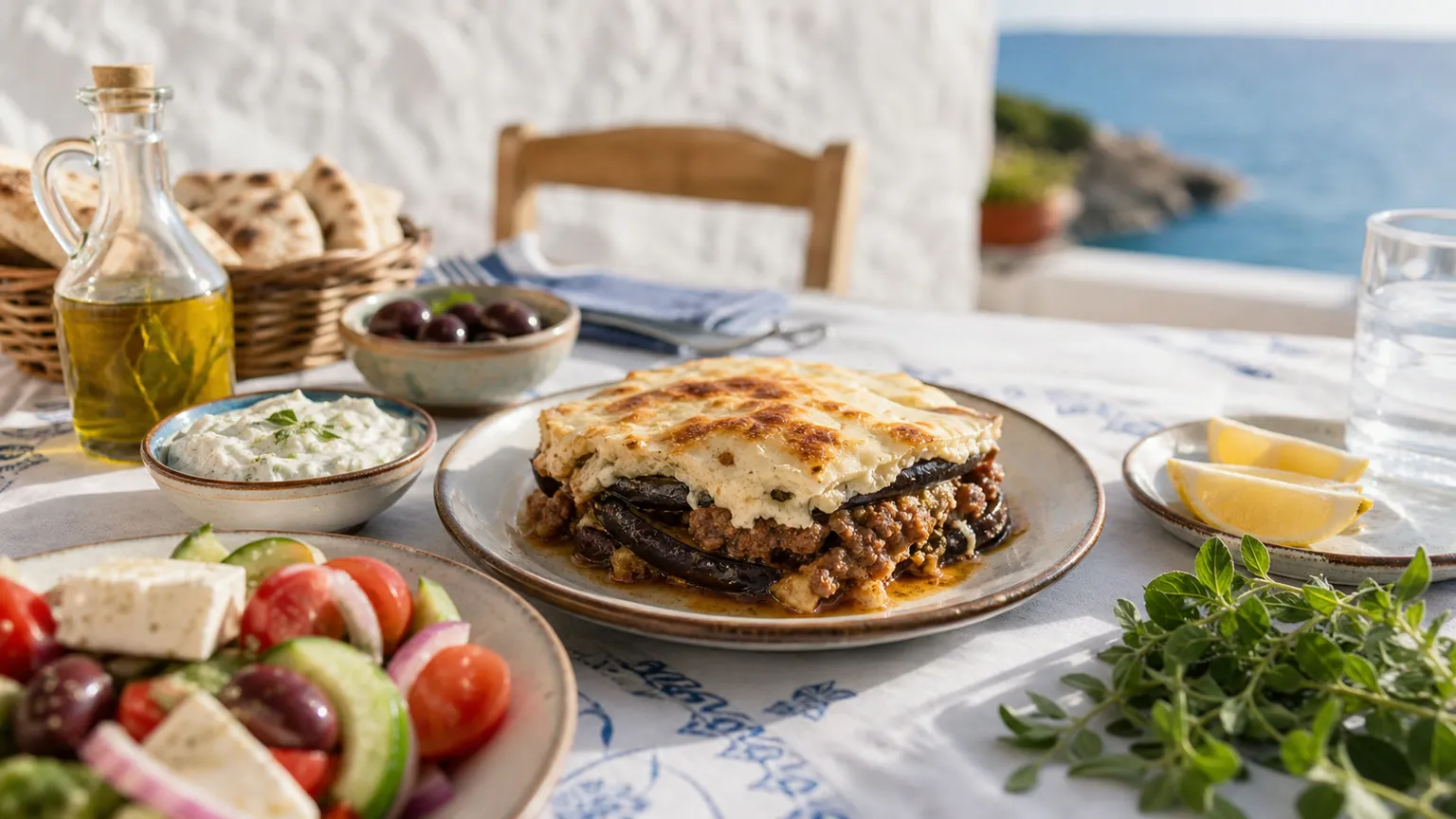 Moussaka, tzatziki, græsk salat og olivenolie på solbeskinnet taverna-bord med havet i baggrunden