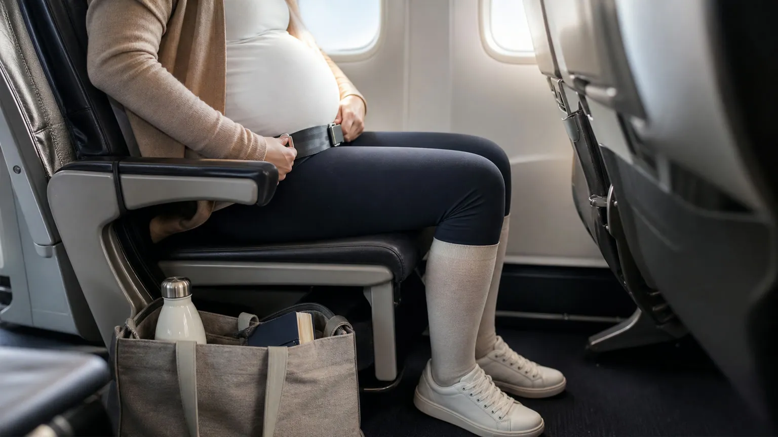 Gravid passager i flysæde med sikkerhedssele under maven, kompressionsstrømper og håndtaske.