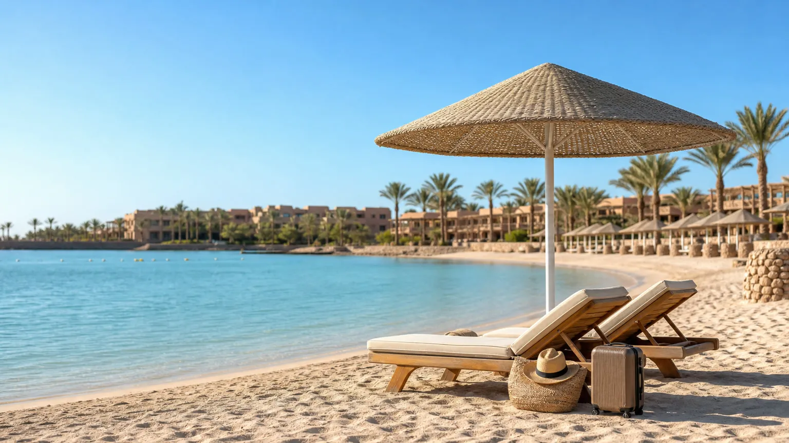 Solsenge med strandtaske ved turkisblåt vand på et resort i Hurghada ved Rødehavet