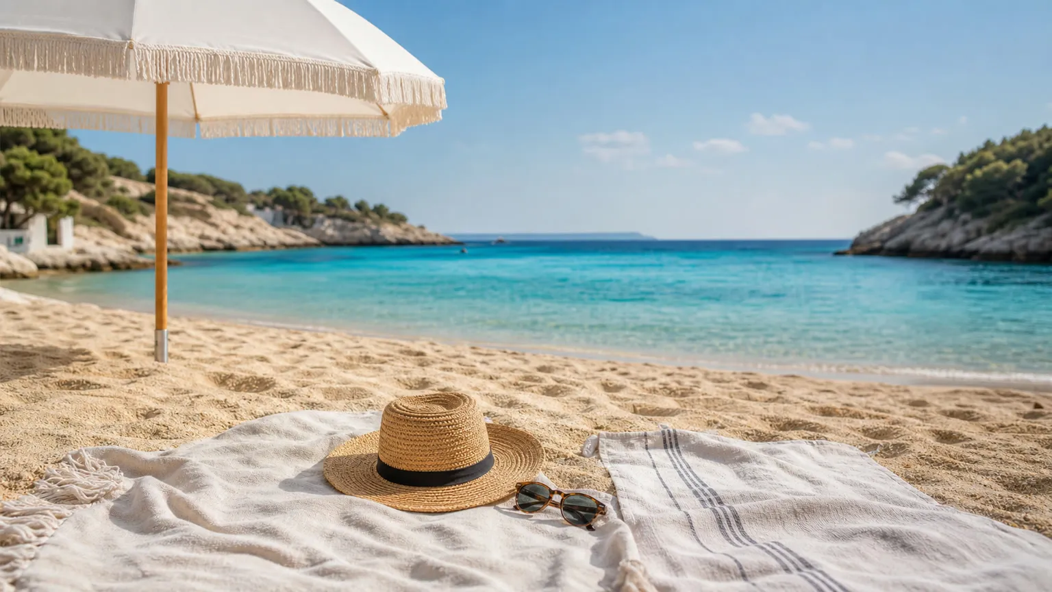 Solrig middelhavsbugt med turkisblåt vand, parasol, strandhåndklæder, stråhat og solbriller i varmt augustlys