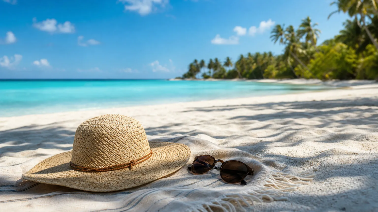Solhat og solbriller på hvid sandstrand med turkisblåt hav og palmer i baggrunden