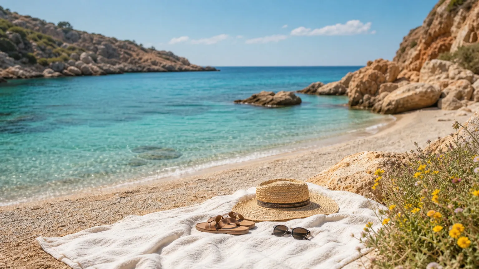 Solrig middelhavsvig på Kreta med turkist vand, strandtæppe, stråhat og forårsblomster i maj