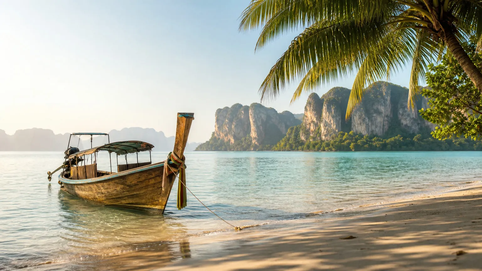 Longtailbåd ved palmestrand i Thailand med turkisblåt hav og kalkstensklipper i morgensol