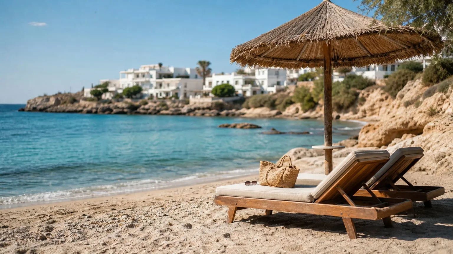 Solrig middelhavsstrand med tomme liggestole, parasol og turkisblåt hav i rolig septemberstemning