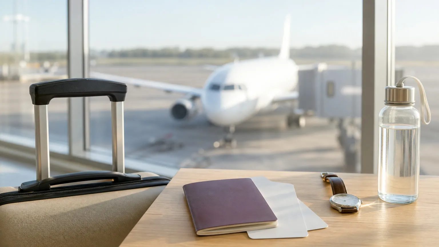 Pas, håndbagage og vandflaske foran et passagerfly i lufthavnen