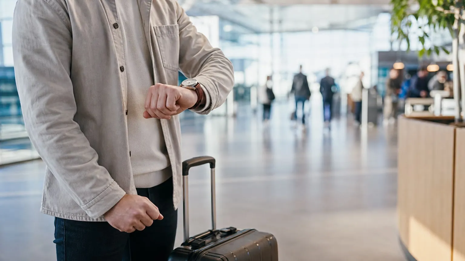 Rejsende tjekker sit ur ved en kuffert i en lys lufthavnsterminal