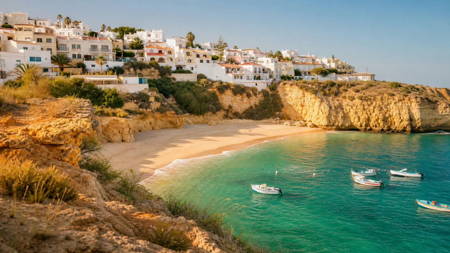 Solrig bugt på Algarve med gylden strand, orange klipper, turkis hav og hvide huse over kysten