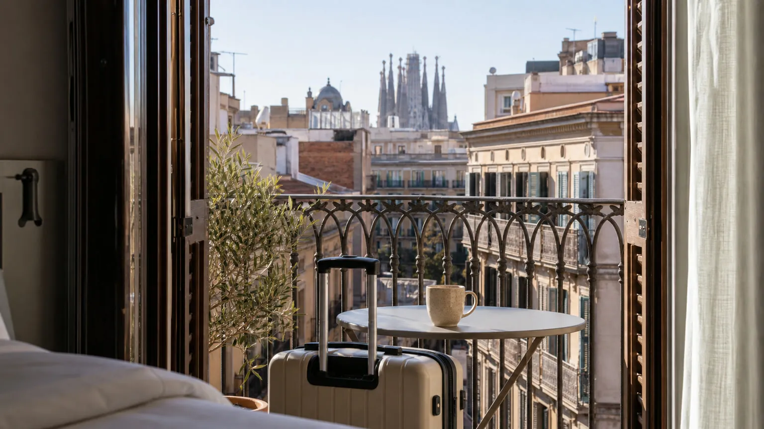 Kuffert og kaffekop på hotelbalkon med udsigt over Barcelonas tage og Sagrada Família i morgensol