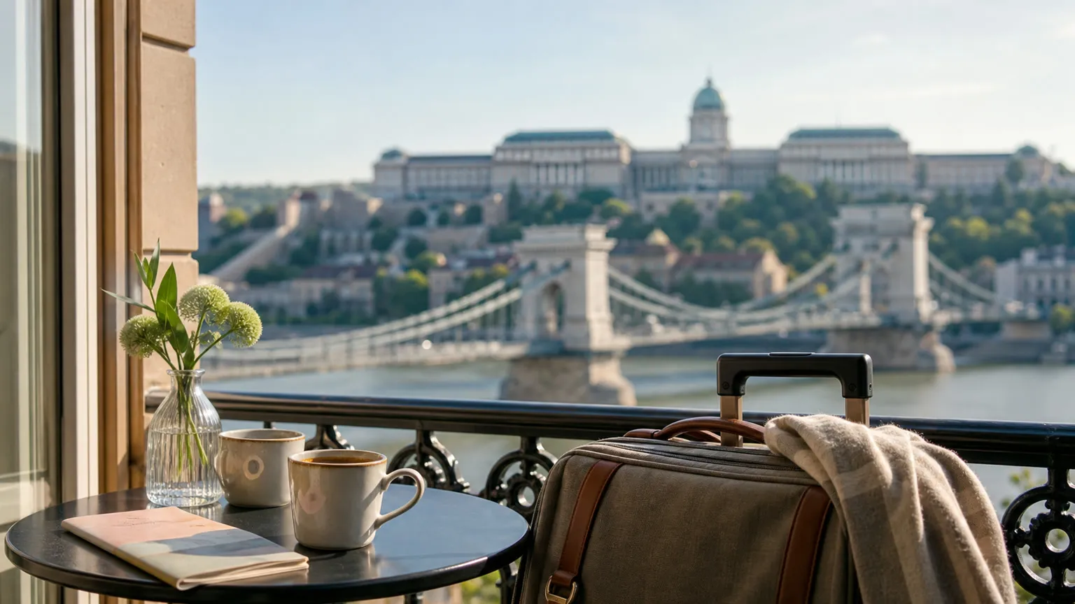 Hotelbalkon i Budapest med kuffert og kaffe, udsigt over Donau, Kædebroen og Buda-slottet i morgensol