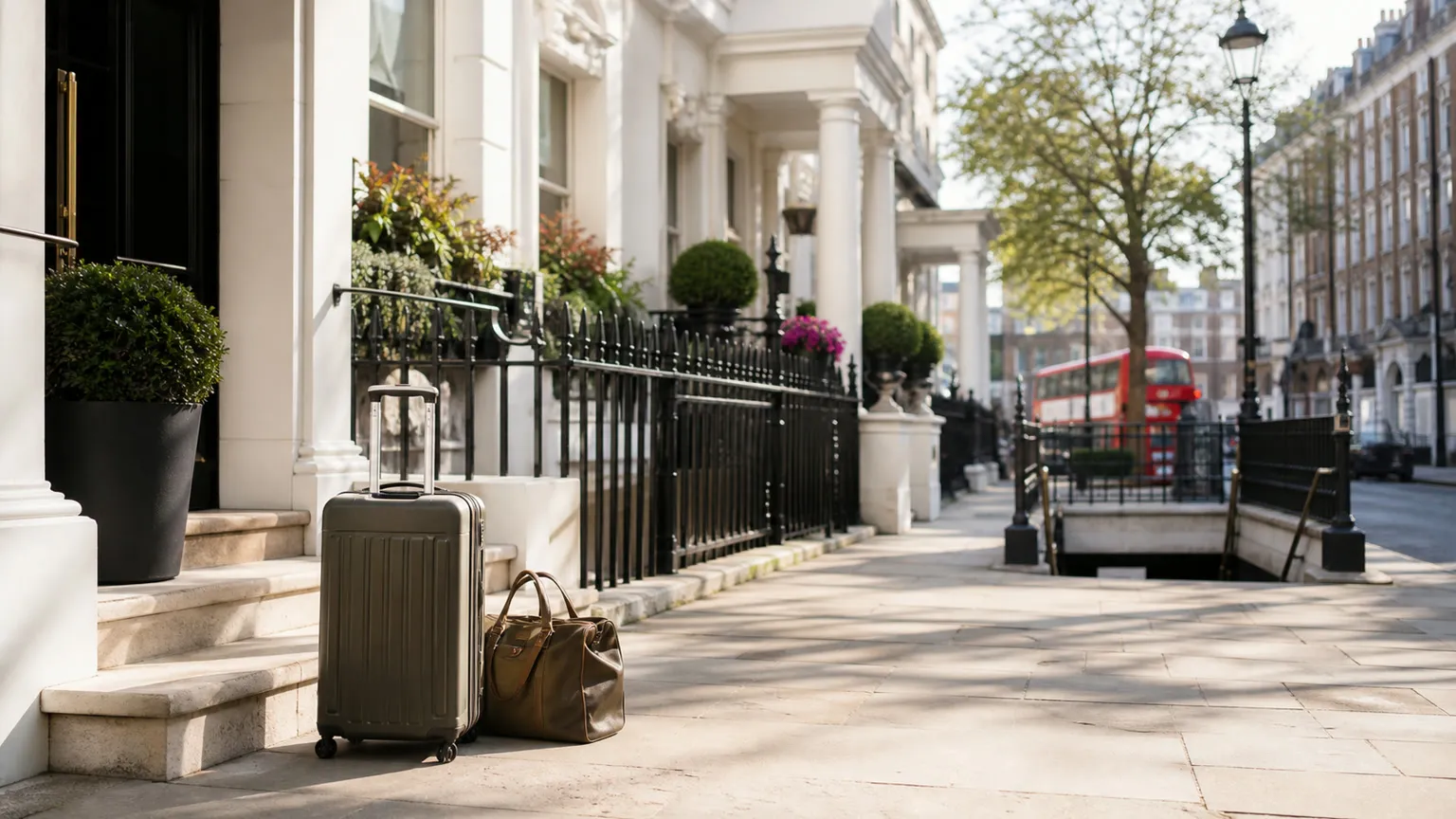 Kuffert ved elegant London-hotel på lys gade med bus og undergrundsadgang i baggrunden