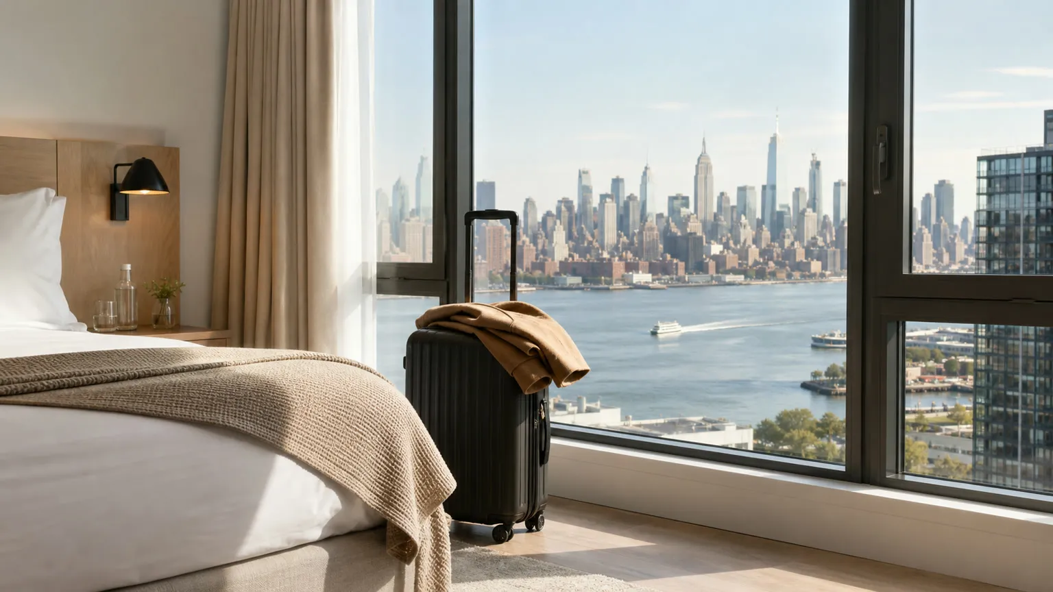 Kuffert på lyst hotelværelse med udsigt over East River og Manhattans skyline i New York