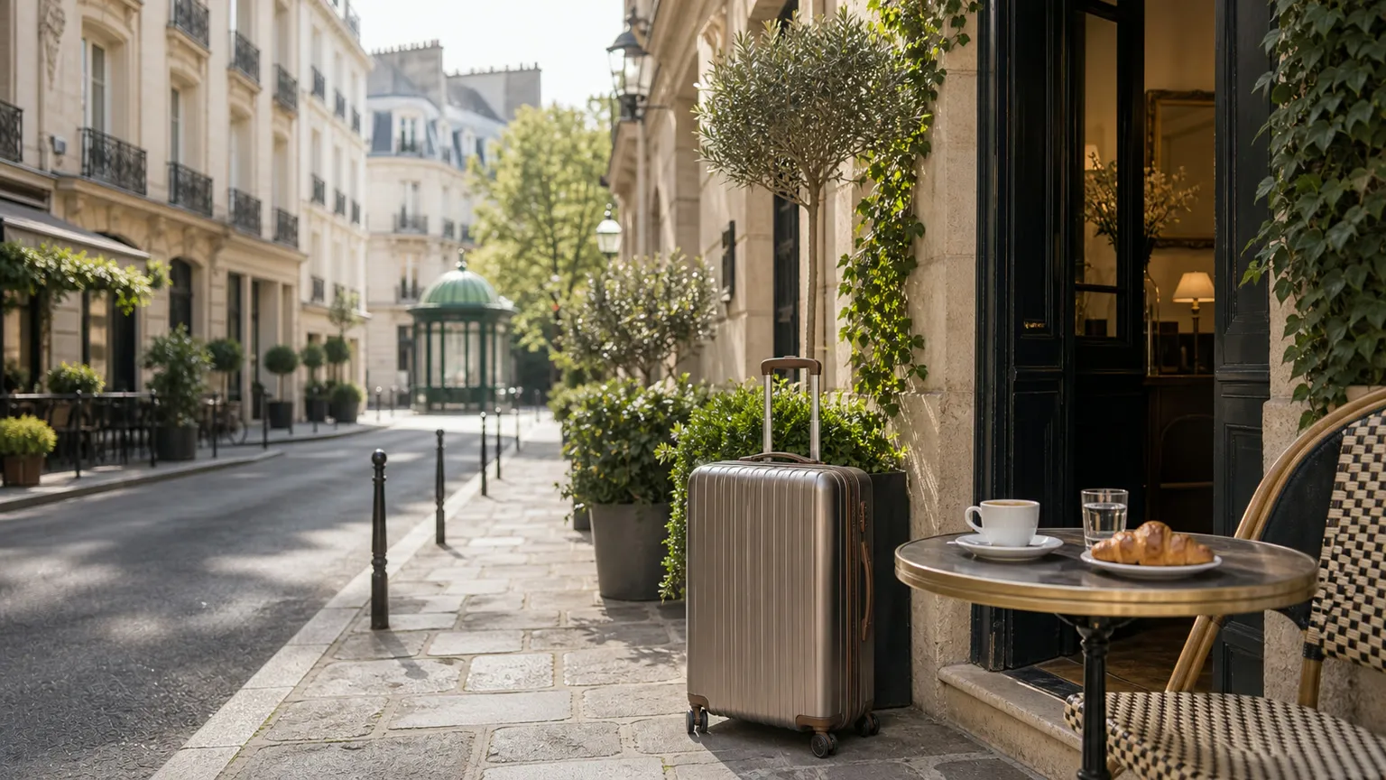 Kuffert ved boutiquehotel og cafébord på en rolig parisisk gade i morgensol