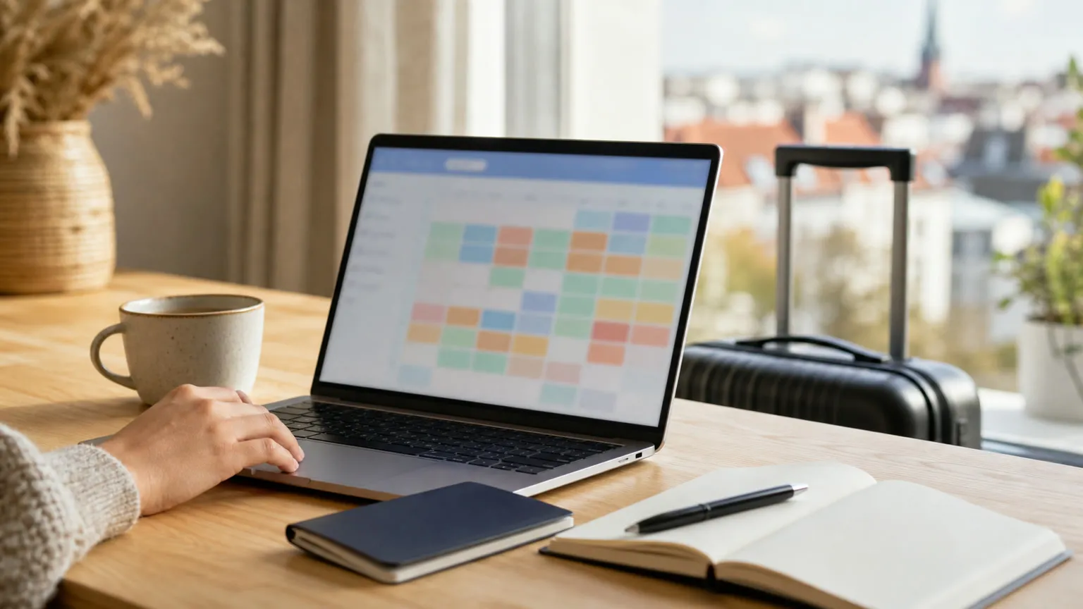 Laptop med uskarp priskalender, kaffe og kuffert i lyst skandinavisk hjem ved planlægning af billige flybilletter