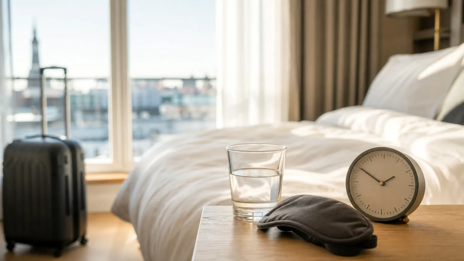 Søvnmaske, vandglas og rejseur på et hotelværelse i morgensol med kuffert ved vinduet