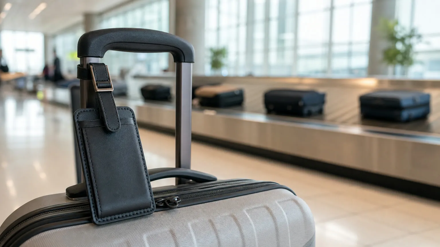 Sort kuffertmærke fastgjort til en lys kuffert ved et bagagebånd i en lys lufthavn