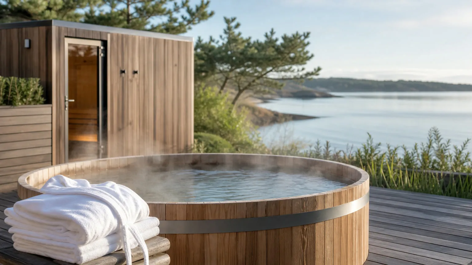 Dampende udendørs kurbad ved dansk fjord med sauna, træterrasse og hvide badekåber i morgensol