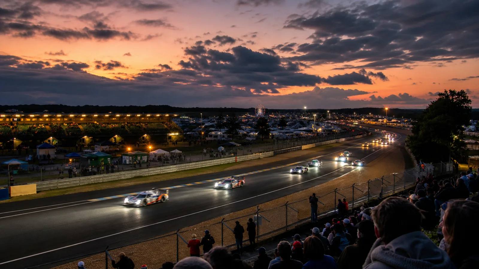 Racerbiler på Circuit de la Sarthe i dagslys og nattetimer under 24-timers løbet i Le Mans