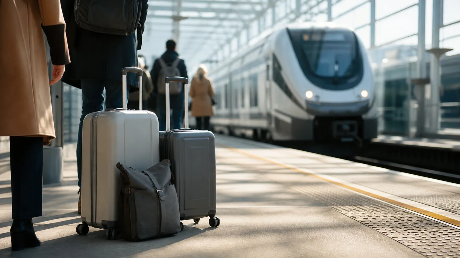 Kufferter på en lys lufthavnsperron, mens et moderne tog ankommer til London i baggrunden