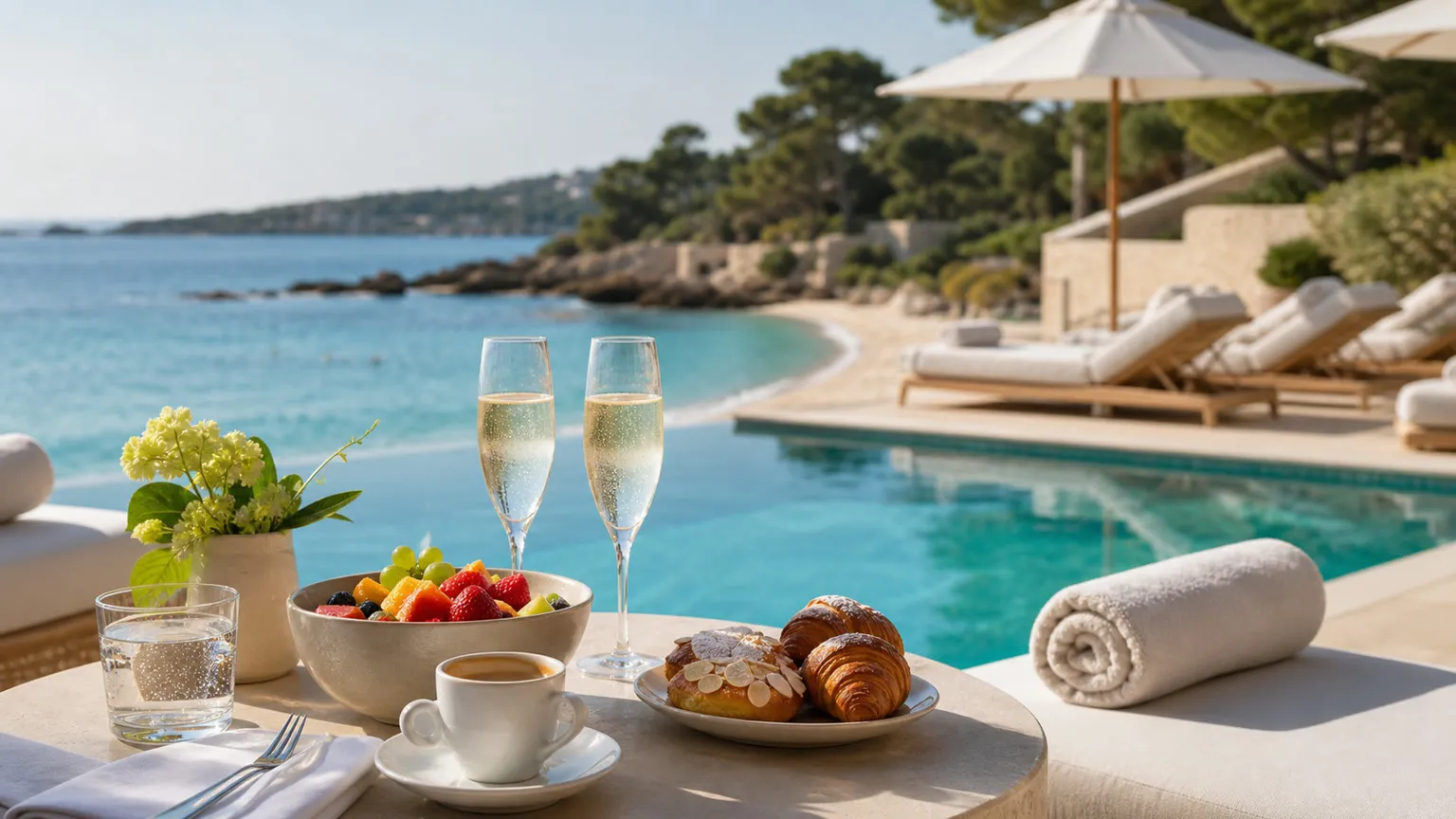 Luksuriøs morgenmad med bobler ved infinitypool og privat strand på solrigt femstjernet resort