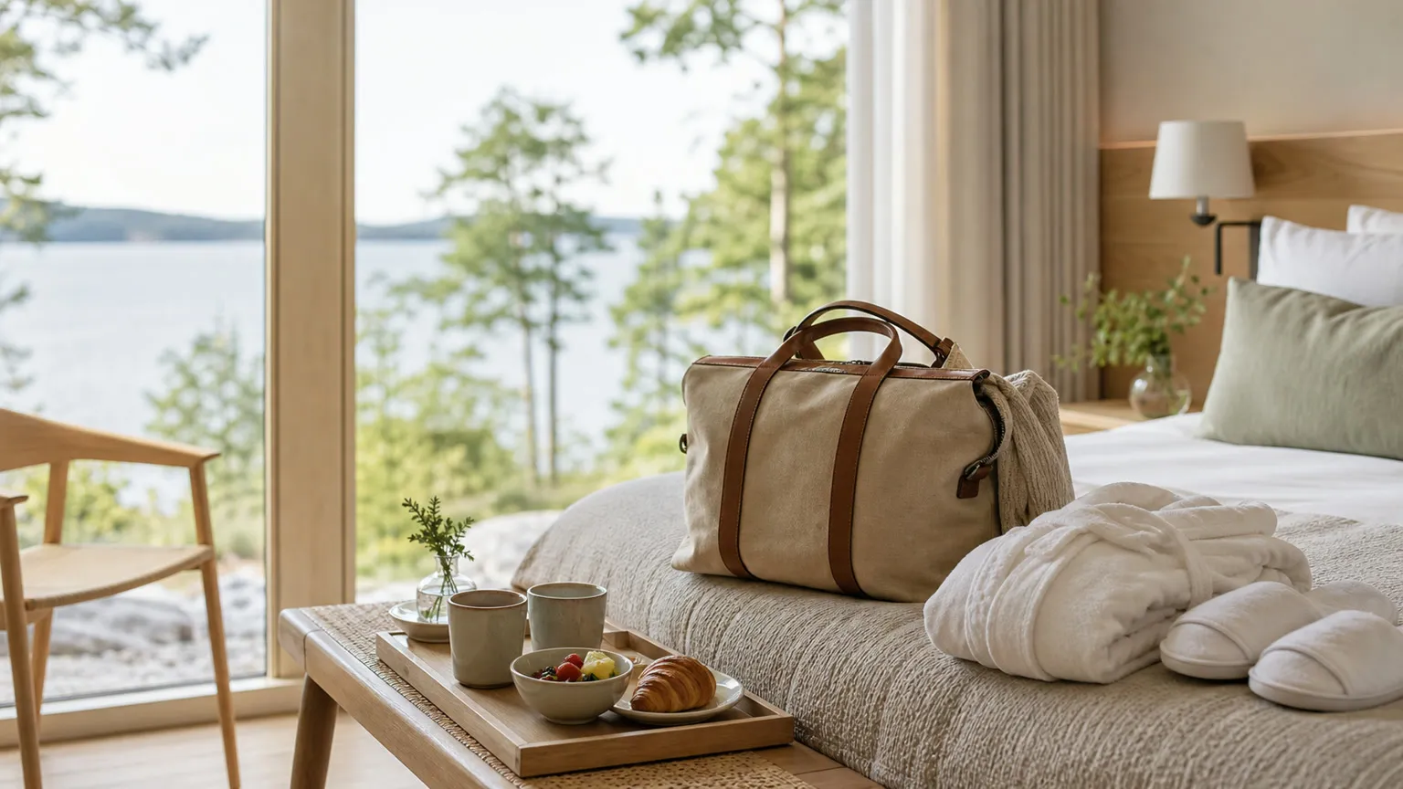 Weekendtaske, badekåbe og morgenmad på lyst hotelværelse med udsigt til dansk skov og sø