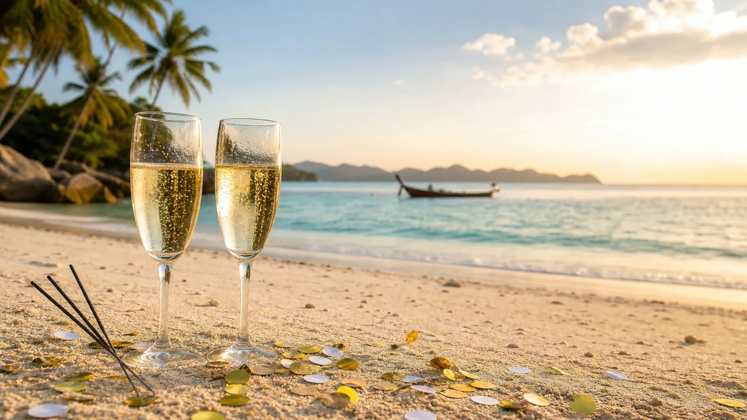 Champagneglas og stjernekastere i sandet på en thailandsk strand ved solopgang