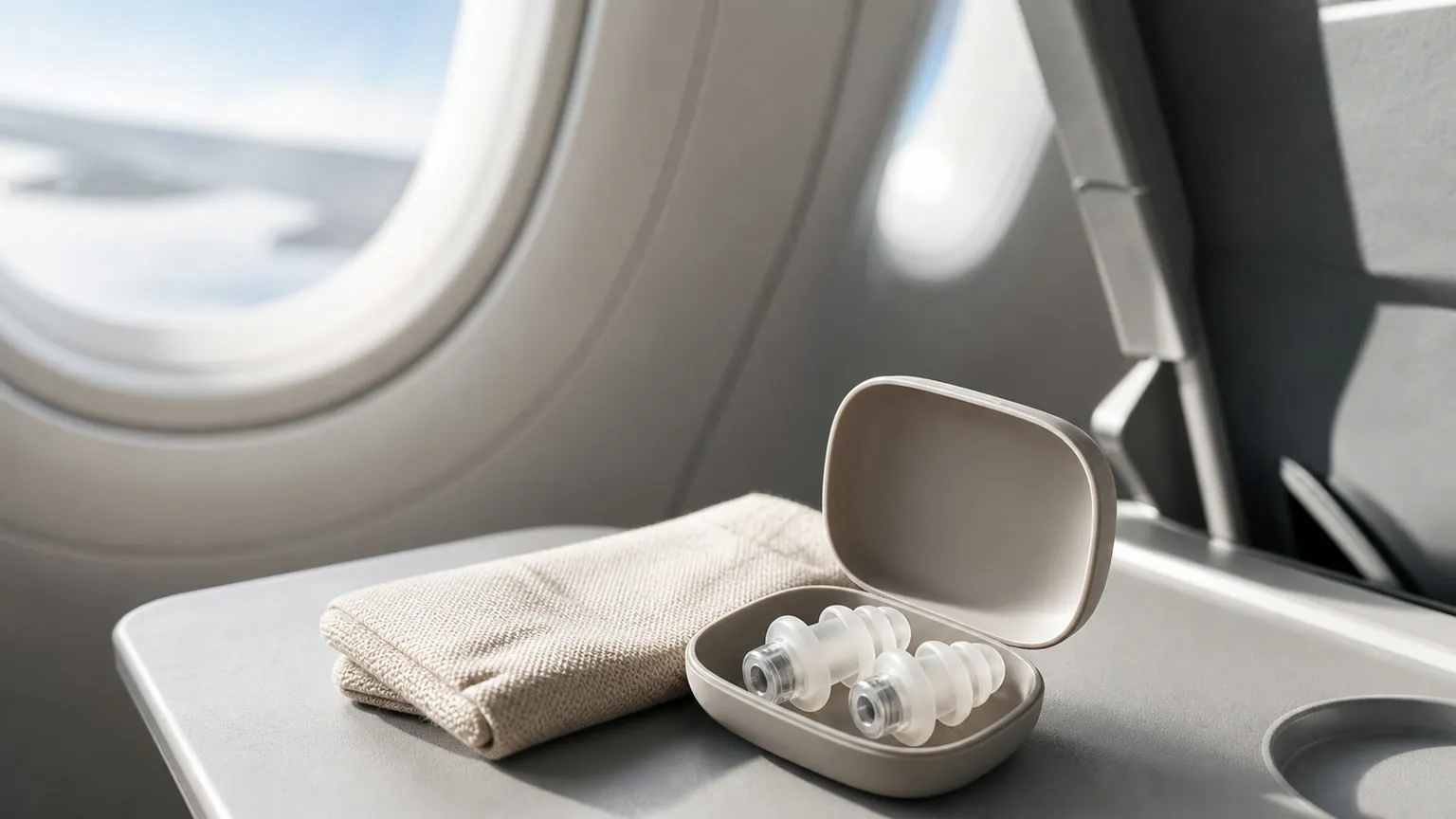 Trykudlignende ørepropper i etui på flyets bakkebord ved vinduet
