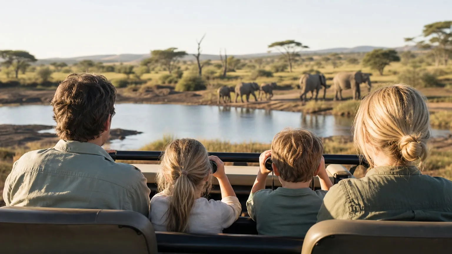 Familie set bagfra i safaribil, der ser elefanter ved et vandhul i Sydafrikas savanne
