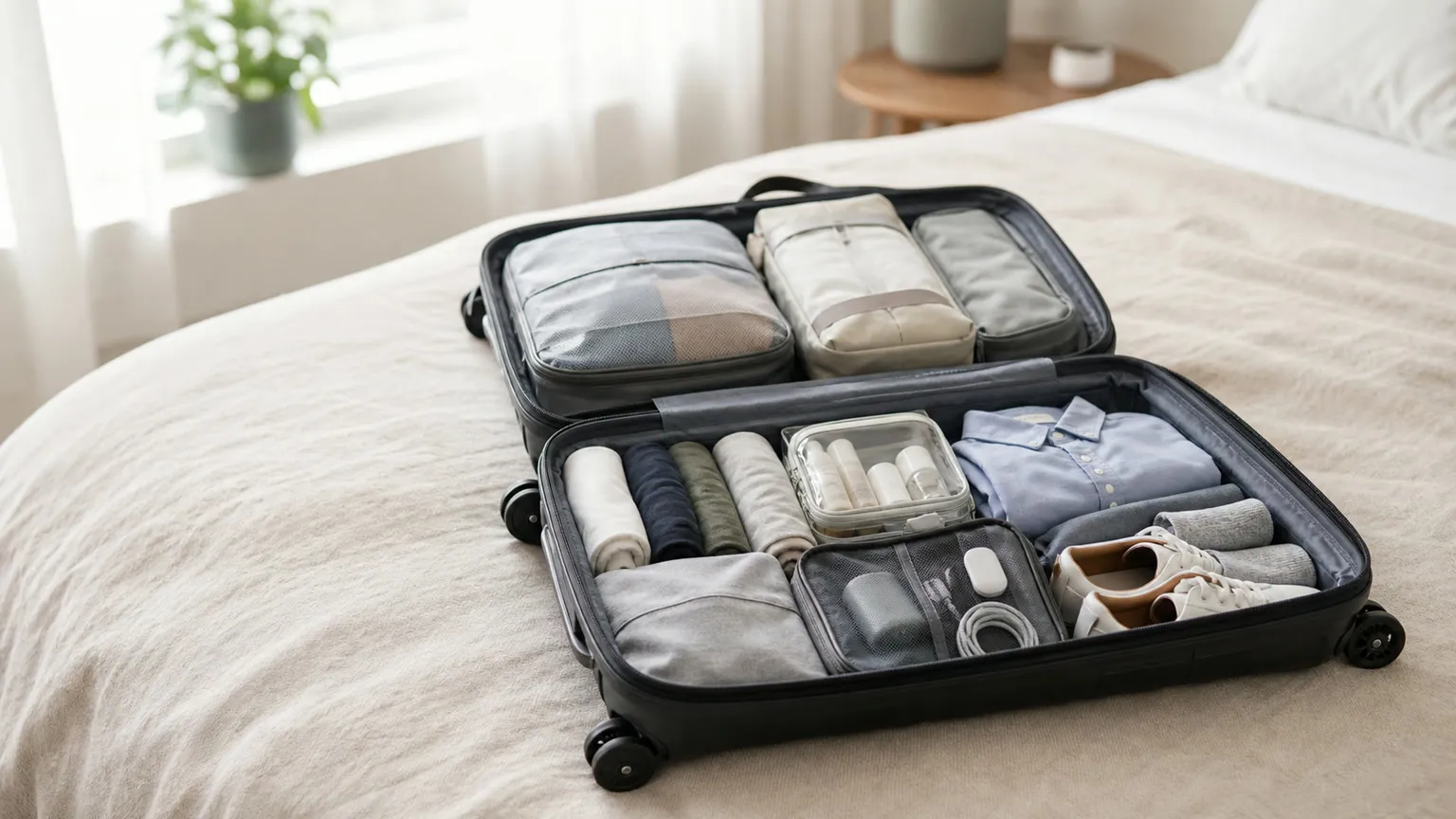 Åben kabinekuffert på lys seng med packing cubes, rullet tøj, sko og toilettaske i naturligt morgenlys