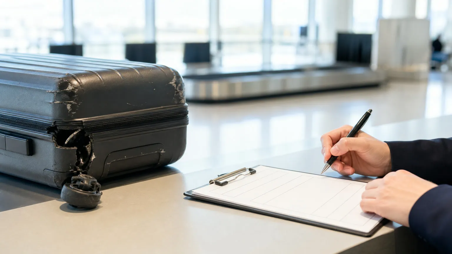 Beskadiget kuffert ved bagageservice i lufthavnen, mens en PIR-rapport udfyldes på en blank formular